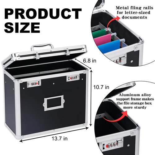 VZCPYTPM Aluminum Storage File Box with Lock,Portable Locking Storage Totes with Dual Combination Locks for Filing Office Documents
