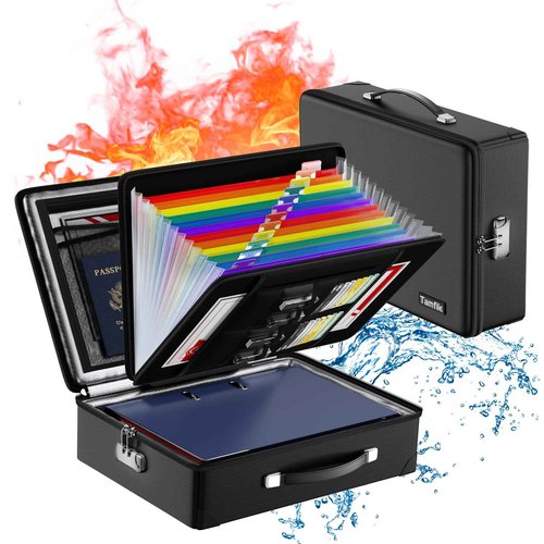 Fireproof Document Box with Fireproof Zipper, Hard Fireproof Safe Case with Lock, Fireproof Water Resistant Safe Box with Accordion File Organizer for Important Documents, Valuables, Laptop, Black