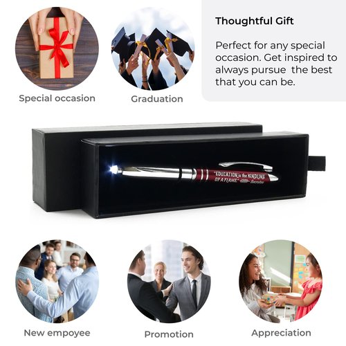 Inkstone Gift Pen with Inspirational Quote Education is the kindling of a flame - Socrates Engraved Pen with LED Light and Stylus Tip