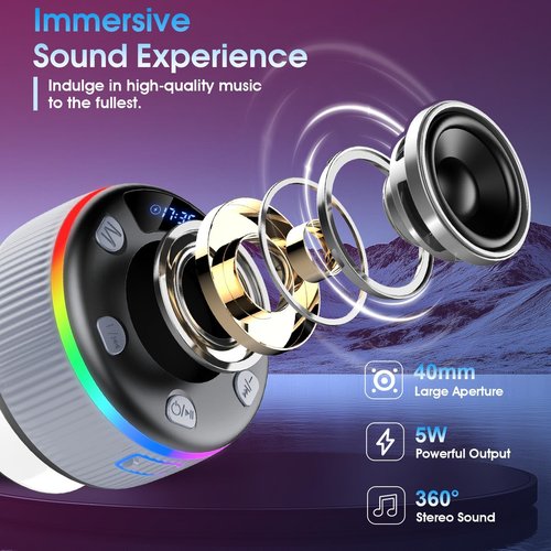 Bluetooth Shower Speaker, IP7 Waterproof Portable Bluetooth 5.3 Speakers with Suction Cup, Mini Wireless Speaker with RGB Lights Time Display, Loud Stereo Sound for Bathroom Beach Outdoor Party, Gray