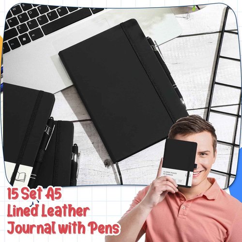 Qeeenar 15 Pack Journal Notebook Bulk A5 Hardcover Notebook Classic Journal Set with Pen Holder with 15 Pcs Pens for School Business Work Travel Writing (Black)