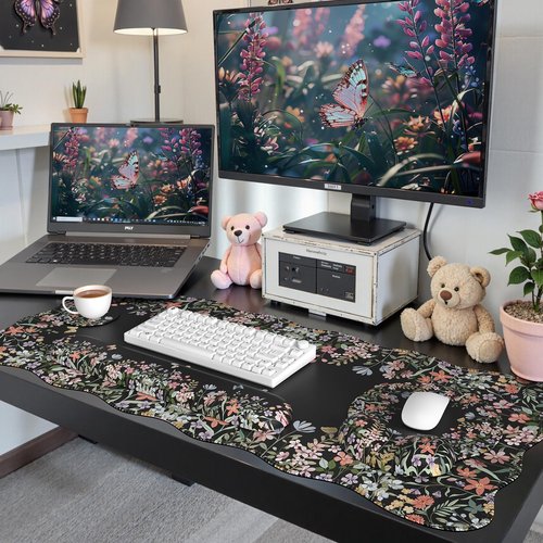 iCasso Desk Mat Set,Large Mouse Pad with Wrist Rest,Ergonomic Keyboard Wrist Support for Women,Girly Floral Computer Mat with Scalloped Edges,Non-Slip Desk Pad Home Office Gaming (Black)