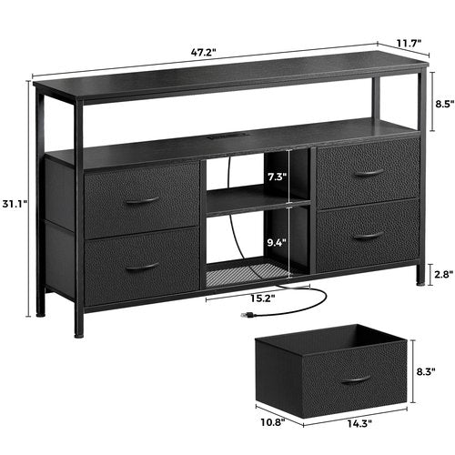 Huuger 47 Inch TV Stand Dresser with Power Outlets and LED Lights, 4 Drawers Entertainment Center with Open Shelf, Media Console for 55 50 Inch TV, Dresser with PU Finish, Black