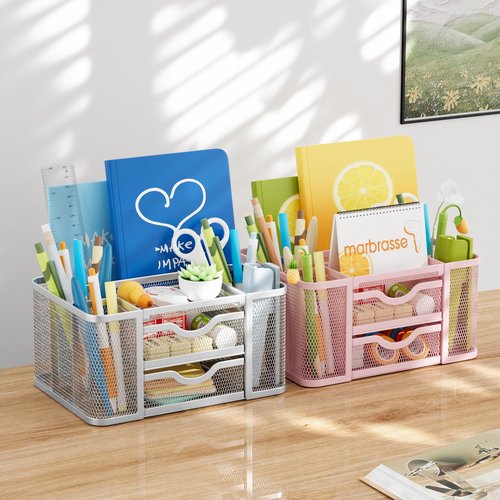 Marbrasse Mesh Desk Organizer, Pen Organizer with 2 Drawer, Multi-Functional Pencil Holder, Desk Organizers and Accessories with 5 Compartments + Drawer for Office Art Supplies (Silver)
