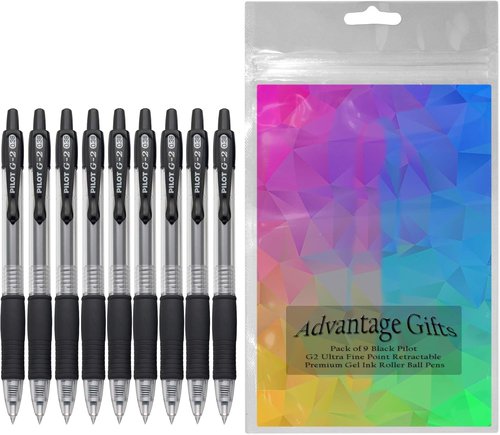 G2 Premium Gel Ink Roller Ball Pens - Ultra Fine Point (.38mm) Black Ink | 9-Pack with Refillable Comfort Grip Pouch