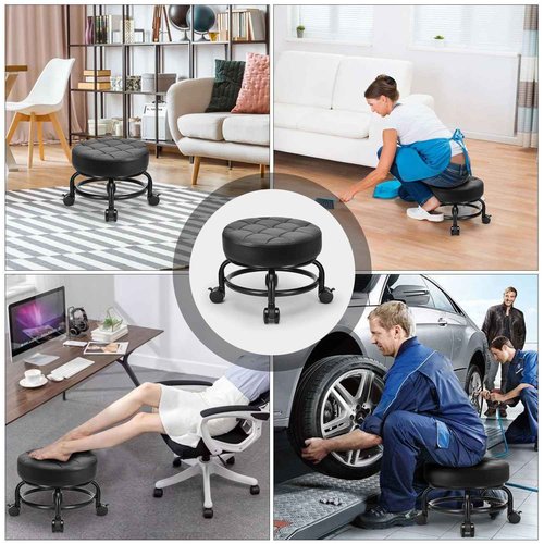 LWADALN Low Roller Seat Low Height Rolling Stool PU Leather Rolling Stool, Modern Rolling Chair for Home Office Garage Shop