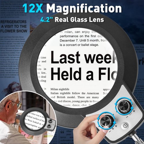 KIRKAS 12X Magnifying Glass - Lighted Stand Magnifier with Real Glass Lens & Stepless Dimming | 9.06" Base & Clamp