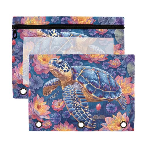 Sea Turtle Pencil Pouch for 3 Ring Binder, Large Pencil Case Pouch with 3 Reinforced Grommets, Pen Bag, Clear Window Pencil Case, Binder Accessories, 2 Pack