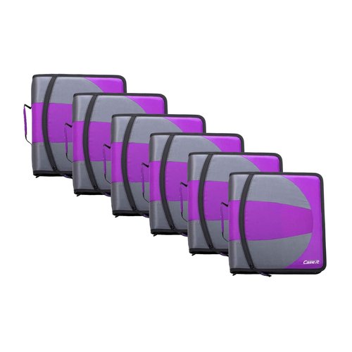Case-it The Dual 2-in-1 Zipper Binder | Two 1.5-Inch D-Rings, 600 Sheet Capacity, Pencil Pouch & Multiple Pockets | School & Office Organizer with Shoulder Strap | Dual-101 Deep Purple | 6 Pack