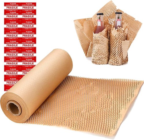 Onesimcr Honeycomb Packing Paper Wrap - 15" x 131' Eco-Friendly Alternative to Bubble Wrap | Includes 20 Fragile Stickers