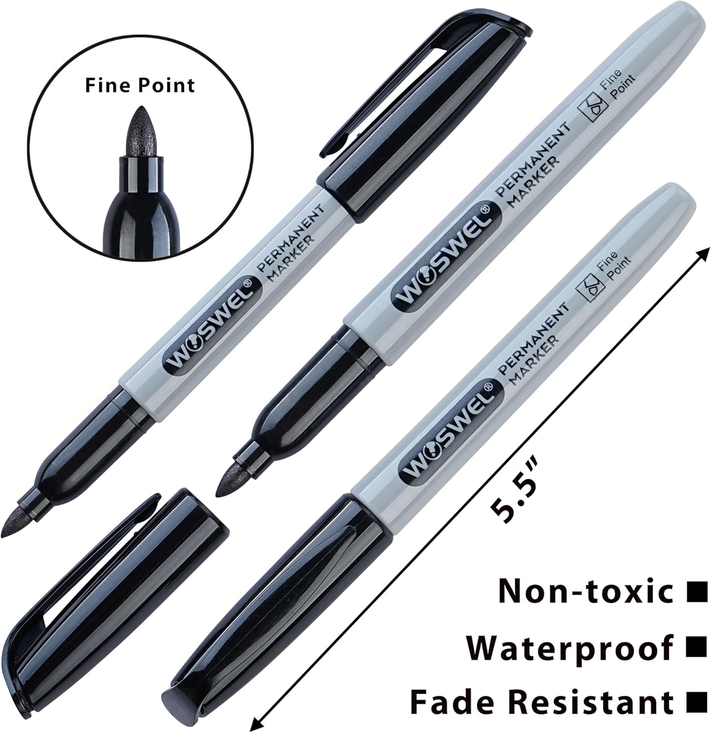 WOSWEL Permanent Markers - 288 Pack Fine Point Black Markers | Waterproof, Quick-Drying, Smear-Proof Office Supplies