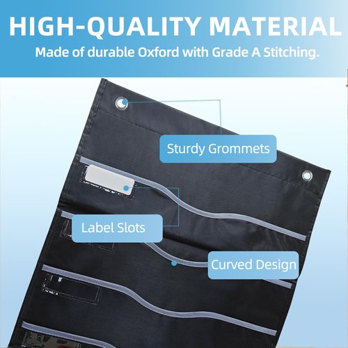 ALSLEA 11 Pockets Hanging Wall File Organizer 15" Extra Wide Pocket Chart for Classroom, Office, Home, Mail Organizer Wall Mounted with 1 Writable Clear Pocket, 5 Wall/Door Hooks & 12 Labels (Black)