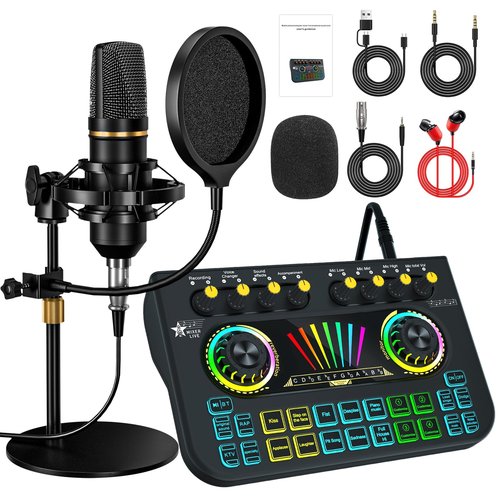 Podcast equipment bundle, with live sound card audio mixer, equipped with 3.5mm microphone, podcast microphone bundle for streaming content creation, recording, singing, and live broadcasting