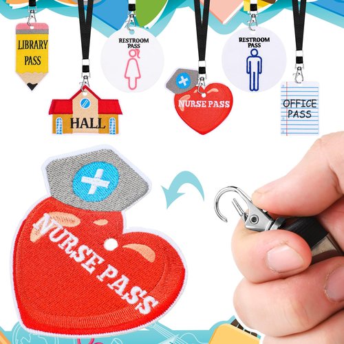 Weekgrat 6 Sets Embroidery Hall Pass Lanyards Cute School Passes Set for Teachers Embroidered Classroom Passes for Bathroom, Library, Office and Nurse Classroom School Supplies Gifts