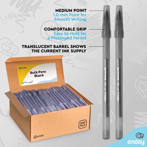 Enday Bulk Ballpoint Pens Black (240 Pack) Ink pens bulk, Medium Point 1.0mm, office, Smooth Writing black ink pens for School, Home, and Office.
