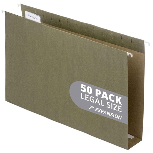 50 Extra Capacity Hanging File Folders, Heavy Duty, 2’’ Expansion Filing Folders, Designed for Bulky Files, Legal Charts, Manuals, and More, Standard Green, Legal Size, 50 Pack