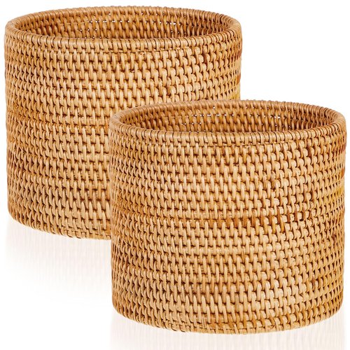 Ziliny 2 Pcs Small Rattan Trash Can Woven Trash Can Handmade Wicker Bathroom Trash Can Cylinder Wicker Waste Basket for Bathroom Home Bedroom Kitchen Storage Office Desktop Essential