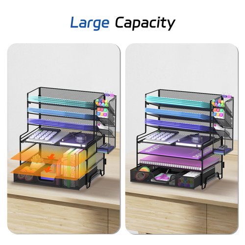 7 Tier Desk File Organizer, Letter Tray Paper Organizer with Pen Holder & Drawers for Office Home, Metal Desktop Organizers and Accessories for Study and Workspace，Black