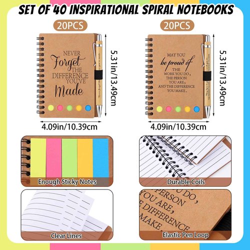 Employee Appreciation Gifts Inspirational Spiral Notebooks with Sticky Notes Notepads Thank You Bamboo Ballpoint Pens Bulk for Coworker Nurse Teacher (40)