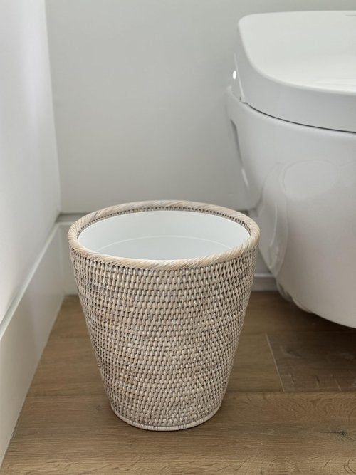 KOUBOO La Jolla Rattan Wastebasket with Plastic Insert, Handmade, Trash Can, Small Wastebasket, Bedroom, Bathroom, Vanity, RV, Dorm, White Wash