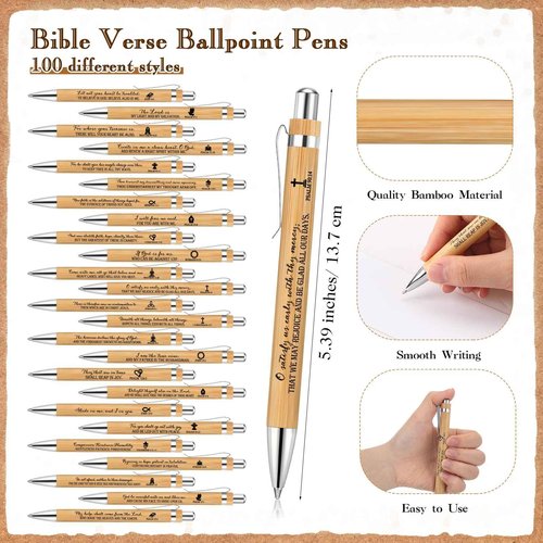 Feifeiya 100 Sets Pastor Appreciation Gifts Bulk Christian Bamboo Pen, Bible Verse Church Gift Religious Silicone Keychain with Emergency Scripture Bookmarks for Sunday School Baptism Party Favors
