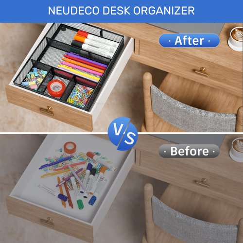 Neudeco Desk Drawer Organizer with 6 Adjustable Dividers, Metal Pen organizer for desk drawer,Mesh Office Desk Drawer Organizer Tray for office supplies (Pack 4, Black)