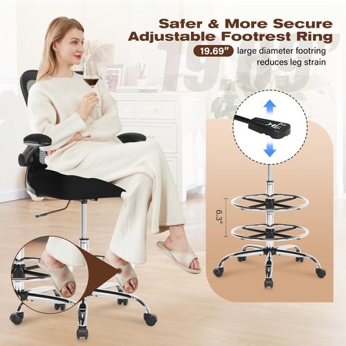 400LBS Drafting Chair, Tall Office Chair with Adjustable Lumbar Support&Footrest Ring, Comfy Extra Deep W-Shape Thicken Cushion, Breathable Mesh Standing High Desk Chair with Padded Flip-up Armrests
