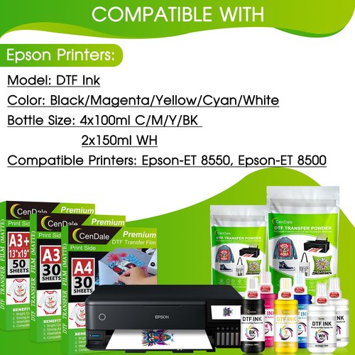 CenDale Upgraded Auto-Fill DTF Ink - 700ML DTF Transfer Ink for Epson ET-8550 ET-8500 Printers, Heat Transfer Printing Ink Set 100ml x 4 CMYK, 150 x 2 White (Anti-UV/ICC-Free)