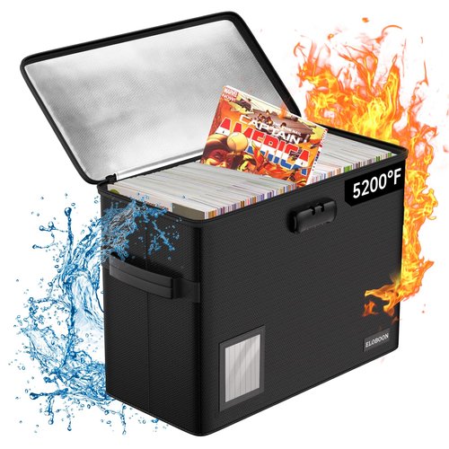 ELOBOON 5200 Fireproof Book Storage for 150-175 Comics, Water-Resistant & Moistureproof Stackable Box With Label Window and Lock, Sturdy Short Case With Fire Zipper, Black