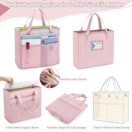 Prokva File Folder Tote Bag with Individual Document Organizer Case for Teacher, Office Workers, Pink (Patent Design)