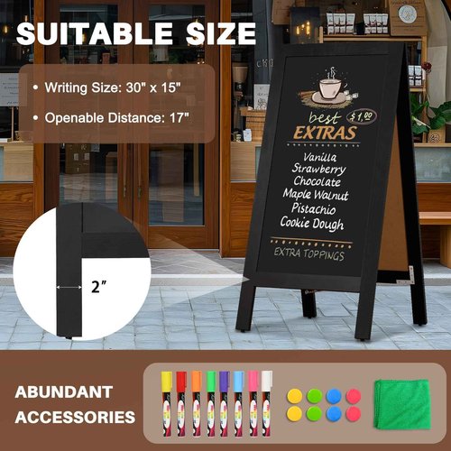 4 THOUGHT A-Frame Double-Sided Magnetic Chalkboard 40"x20", Solid Pine Wood Freestanding Sandwich Board for Restaurants, Cafes, Weddings (Black)