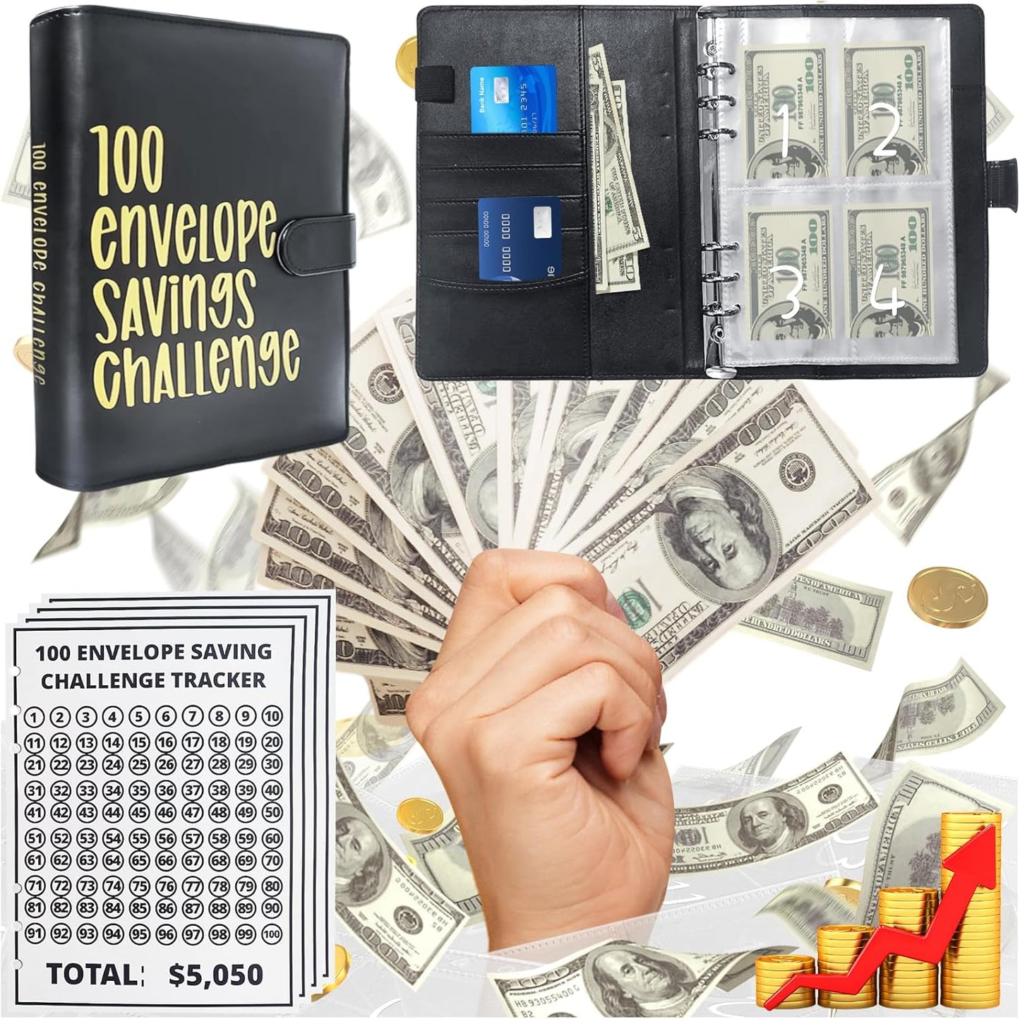 Skiennix Money Saving Challenge Binder - Budget Planner with Pre-Numbered Envelopes & Trackers | Save $5,050 (Black)