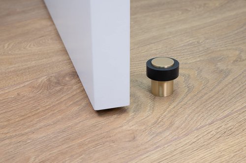 Door Stop | Silicone Shock Absorber | Made of Brass | Threaded Base | Includes Screw + Clamping Plug | EVI Hardware (Aged Brass - Black Rubber, 1,34" x 1,38")