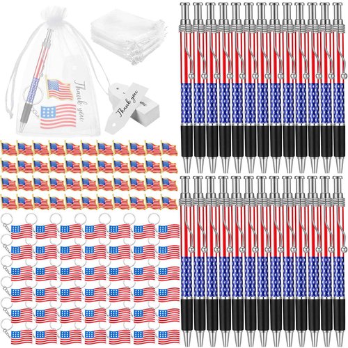 Qilery 400 Pcs Veterans Day Style American Flag Lapel Pins Ballpoint Pen Independence Day Flag Keychains Thank You Card Organza Gift Bag for Home Office 4th of July Party Supplies