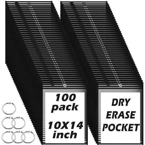 100 Packs Dry-Erase Pockets Bulk Oversized Reusable Dry Erase Pocket Sleeves with 6 Rings, 10x14 Black Ticket Holders, Clear Plastic Sheet Protectors, Teacher School Classroom Supplies