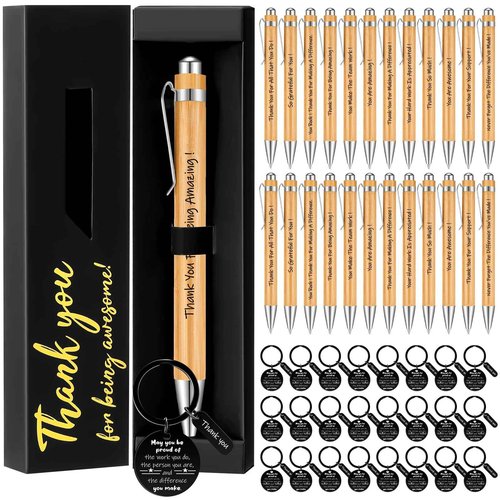 Sayglossy Thank You Gift Bulk Wood Bamboo Pens with Motivational Quote Pen Boxes Employee Appreciation Keychains Inspirational Gifts for Office Coworkers Teams