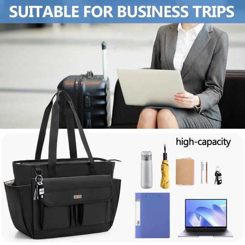 LoDrid File Tote Bag with Extra Document Organizer Case for Letter Size File Folders, Large Utility Bag with 15.6” Laptop Padded Sleeve for Work, Business, Black