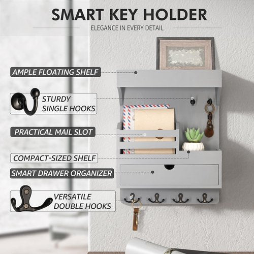 Rebee Vision Wooden Key Holder Wall Mount with Drawer Organizer – Modern Mail and Key Organizer for Wall Featuring 6 Robust Hooks & a Floating Shelf – Trendy Home Decor Solution (Gray)