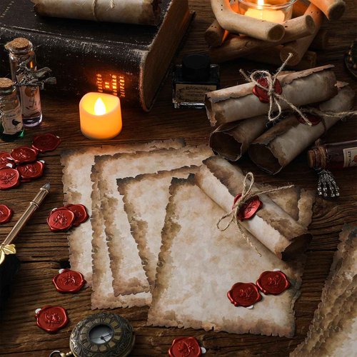 Sinload Vintage Writing Invitations Set Includes 100 Letter Antique Scroll Rustic Papers 100 Wax Seal Stickers 3 Strands of Twine for Valentines Mother Stationery Old Medieval Cardstock(8.5 x 11 Inch)