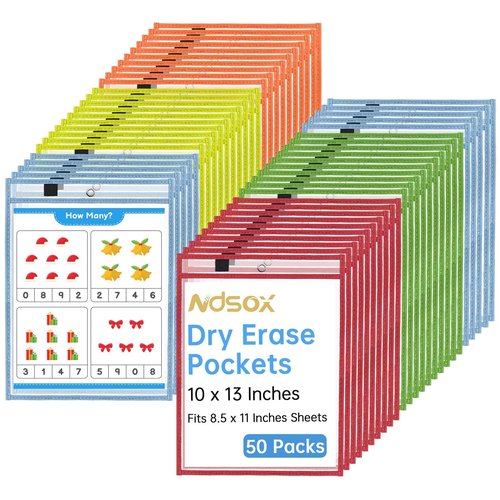 Ndsox 50 Packs Oversized Dry Erase Pockets Reusable Plastic Sleeves, 5 Colors Shop Ticket Holders & Sheet Protectors Document Sleeves for Teachers, Classroom Organization, School Supplies Must Have