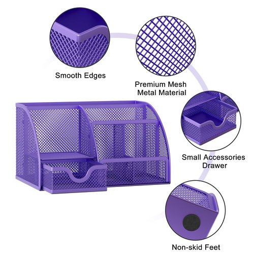EasyPAG Mesh Desk Organizer, Multi-functional Stationery Organizer for School Supplies, Office Pen Holder for Desk, 6 Compartments Dorm Organization with Drawer, Purple
