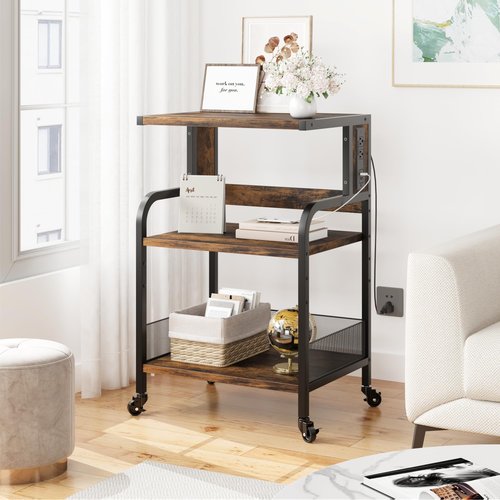 GAOMON Printer Stand, Large Printer Table with Power Outlets and USB Ports, Mobile Printer Stand, 3 Tier Rolling Printer Cart with Adjustable Storage Shelf for Home Office Living, Rustic Brown