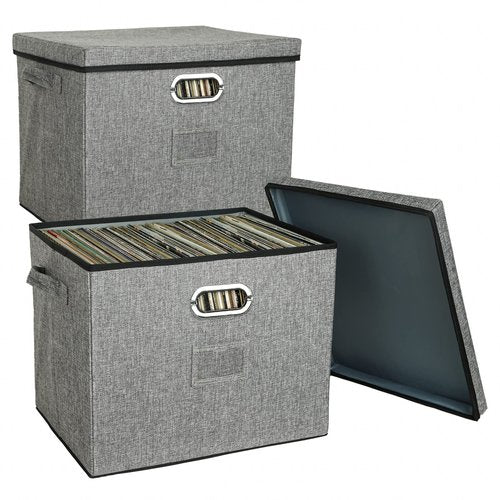 12-Inch Vinyl Record Storage Boxes with Lids and Handles, Stylish and Practical LP Record Organizer for 100+ Single Records, Suitable for Living Room, Study, Concert Hall or Office, 2-Pack