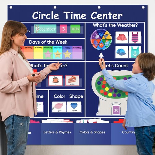 Ottkids Circle Time Learning Center Classroom Pocket Chart,Circle Time Calendar Preschool Include 224 Cards, Educational Pocket Chart Material,Learning Calendar Weather Letter Counting Color Shape