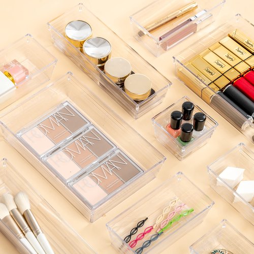 DCA 25 PCS Clear Plastic Drawer Organizer Tray, Bathroom Organizers and Storage Bins for Makeup, Kitchen Utensils, Jewelries, Gadgets, Office Desk