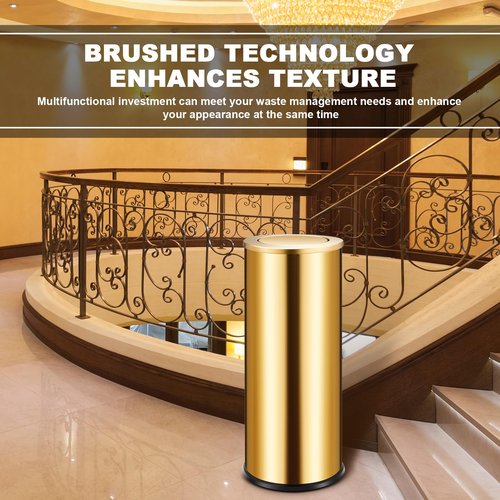 Reallnaive 30L/8GAL Gold Lidded Trash Can with 100 Garbage Bags Metallic Gold Brass Kitchen Garbage Bin with Flip Lid Commercial Compact Waste Basket for Shopping Centers, Elevator Doors, Hotels