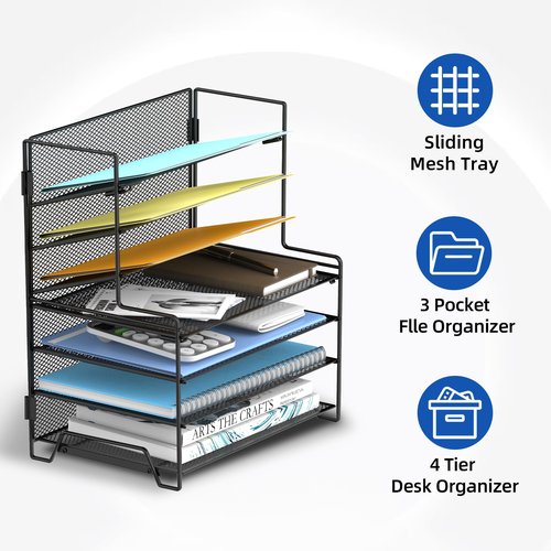 SUPEASY 7 Tier Desk File Organizer, Mesh Letter Tray Paper Organizer with File Holders, Metal Desktop Organizers and Accessories for Home Office Supplies, Black