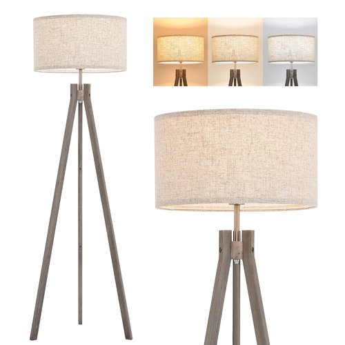 ELYONA Farmhouse Wood Tripod Floor Lamp, Modern Reading Standing Lamp with 3 Color Temperatures LED Blub & Nature Linen Shade, Night Light for Living Room, Bedroom, Study Room, Office, Grey