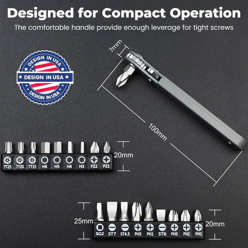 MULWARK 20pc Ultra Low Profile Mini Ratchet Wrench Set - High Torque Right Angle EDC Tool with Multi Hex Bits