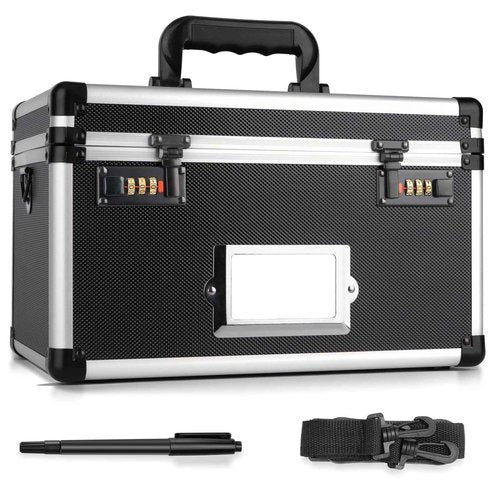 LOCKCURX 13.4 x 8 x 8.7 Inch Lockable Storage Box with Combination Lock, Portable Safe for Documents, Medicine, Cash & Valuables, Medicine Lock Box with Label Slot for Home, Office & Travel - Black